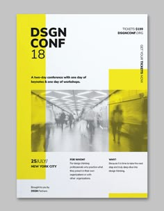 a brochure designed to look like a yellow and white poster with people walking in the background