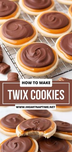 cookies with chocolate frosting are on a cooling rack and the words how to make twix cookies