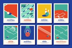 four different poster designs with the names of various sports teams in blue and orange colors