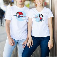 BoldLoft's 'Made for Loving You' couple shirts-Wear your heart on your sleeve with these adorable matching tees, designed for couples who are simply made for each other. Couple Tshirt Ideas, Couple Tshirt Design, Made For Each Other, Superman Wonder Woman, Couple Tshirts