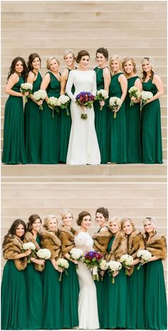 the bride and her bridal party in green dresses with fur stoles on them