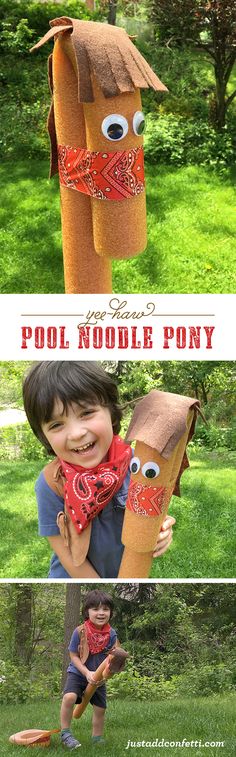 a boy holding up a paper bag that looks like a pool noodle pony