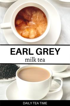 a cup of tea next to a plate with pastries on it and the words, earl grey milk tea