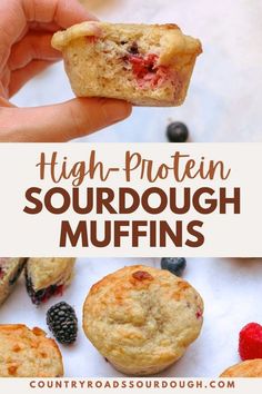 high protein sourdough muffins with berries and raspberries