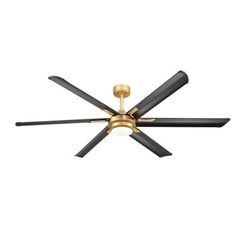 a ceiling fan with three black blades and gold accents on the blades, against a white background