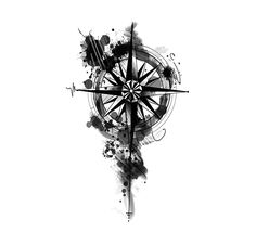 a black and white drawing of a compass with ink splatters on it's side