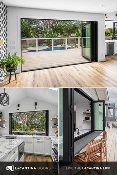 the inside of a house with wood floors and sliding glass doors that open up to an outdoor pool