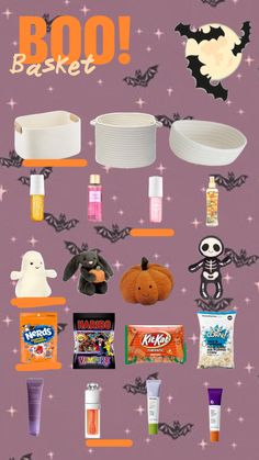 a poster with halloween items on it and the words boo basket written in large letters