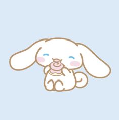 a white bunny with a pink pacifier in its mouth sitting on top of a blue background