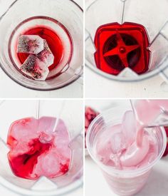 four pictures showing how to make an ice cream in a blender with red liquid