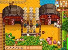 an image of a farm with animals and people in front of the barn doors, surrounded by sheep