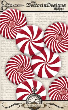 the red and white candy canes are on top of an old book page with scissors