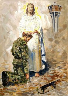 an oil painting of a man kneeling next to a soldier