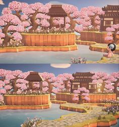 there are two pictures of the same person in front of some trees with pink flowers