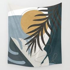 a tapestry hanging on the wall with palm leaves and a yellow sun in the background