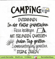 a paper napkin with the words camping written in german and english, on top of it