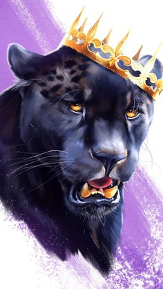 a painting of a black panther wearing a gold crown on its head with purple and white background