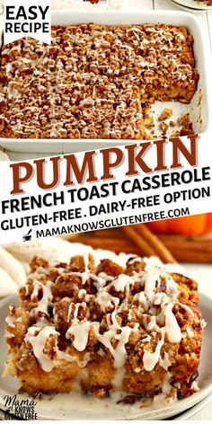 pumpkin french toast casserole with glaze on top and the title overlay