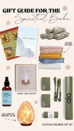 the gift guide for the spiritful baby includes essentials, personal care items, and more