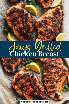 juicy grilled chicken breast with lemons and herbs on the side in a pan