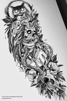 a black and white drawing of an owl with flowers on it's back side