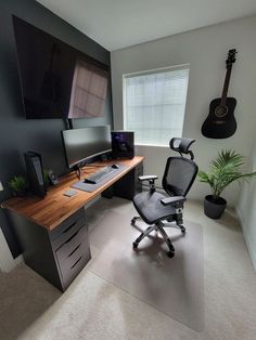 Black Accent Wall Game Room, Study Room Decor Men, Navy Game Room, Bedroom And Game Room Combo, Desktop Room Ideas, Mens Office Inspiration, Gray Gaming Room, Office Game Room Combo, Dual Screen Desk Setup