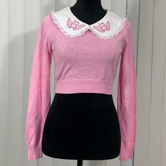 Nwt Sugar Thrillz Cherub Sweater Embroidered Peter Pan Collar Cropped Light Pink Xs Measurements (Flat): Bust: 16” Length: 15” Cute Shopping, Sugar Thrillz, Walker Boots, Blush Makeup, Garment Bags, Pan Collar, Peter Pan Collar, Peter Pan, Jean Coat