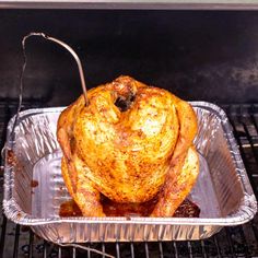 a roasted turkey sitting on top of a metal pan