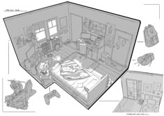 a drawing of a living room with furniture and other items in the area around it