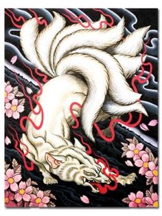 a painting of a white cat with red and pink flowers on it's body