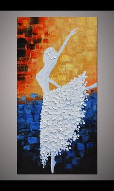 an abstract painting of a ballerina in white on blue, orange and yellow background