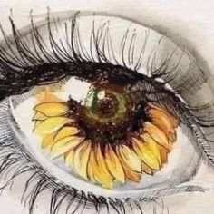 a drawing of an eye with sunflowers in it's iris and long eyelashes