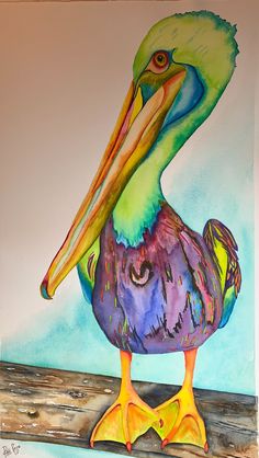 a painting of a pelican sitting on a branch