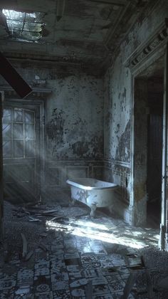 an old bathtub in the middle of a run down room with peeling paint on the walls