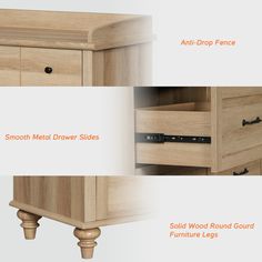 the side view of a wooden dresser with drawers and knobs on each drawer, which is labeled