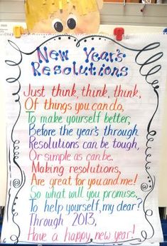 a new year's resolution sign is displayed in front of a desk with writing on it