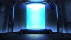 a sci - fi space station with blue light coming from the door and some lights on