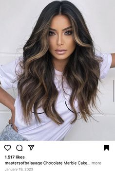 Light Balayage On Black Hair, Half Head Highlights Black Hair, Hilights Hair Brunettes, Light Brown Highlights On Black Hair, Brown Dimensional Hair, Espresso Balayage, Medium Length Hair With Bangs, Darker Hair, Baby Lights