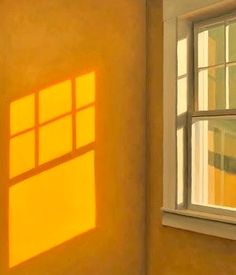 the sun is shining through two windows in an orange room with yellow walls and white trim