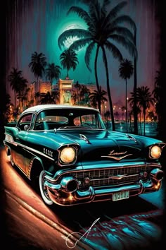 an old car is parked on the side of the road in front of palm trees