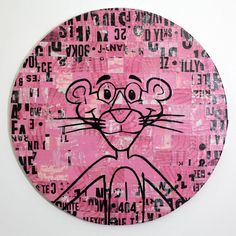 a pink and black painting with words all over it, in the shape of a mouse