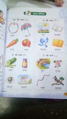 an open children's book with pictures of fruits and vegetables in the english language