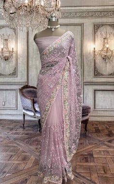 Beautiful pinkish purple net saree with thread and sequins work and running blouse piece Purple Net Saree, Violet Saree, Purple Sari, Net Sari, Pink Horror, Farewell Sarees, Brown Clothes, Mlp Au, Sari Design