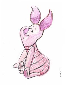 a drawing of a pink pig sitting on the ground