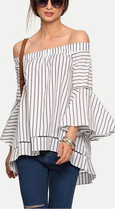 Multicolor Striped Off The Shoulder Bell Sleeve Blouse 40% Off your first order. More surprises at shein.com!! Vertical Striped Blouse, Kitenge, Bell Sleeve Blouse, Urban Chic, Look Casual, Striped Blouse, White Top, Bell Sleeve