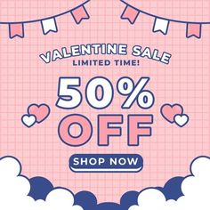 valentine's sale banner with hearts and buntings on pink background, 50 % off