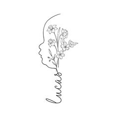 a line drawing of a woman's head with flowers in her hair and the word love written on it