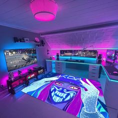 a living room filled with furniture and neon lights