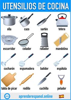 an image of spanish cooking utensils with the words in english and spanish on it