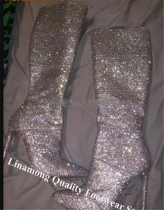 VCSHOES Bling Bling Pointed Toe Rhinestone Stiletto Heel Over Knee Boots Crystal Long High Heel Boots Heels black-over knee-34 Sparkly Boots, Rhinestone Boots, Runway Shoes, Leather Knee Boots, Glitter Boots, Sparkly Heels, Black Heel Boots, Girly Shoes, Aesthetic Shoes